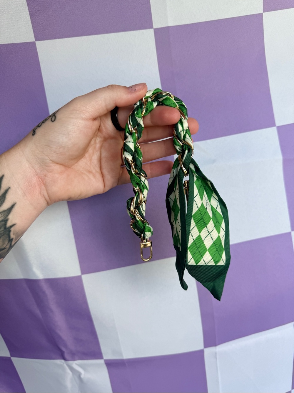 Green Argyle Braided Scarf Keychain with Gold Chain Accent